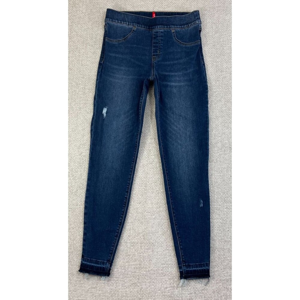 Spanx Jeans Women's M Skinny Slimming Stretch Pull On Blue Distressed Jeggings
